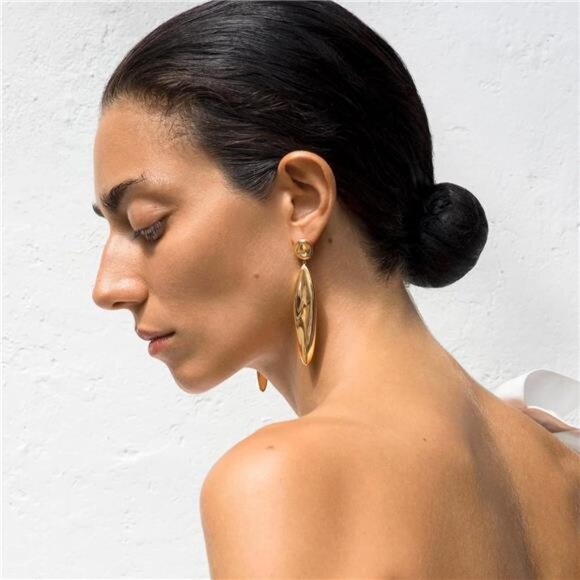 Pearl Long Gold Bar Earrings – Bamboo Leaf Inspired Statement Drops - Picture 4 of 6